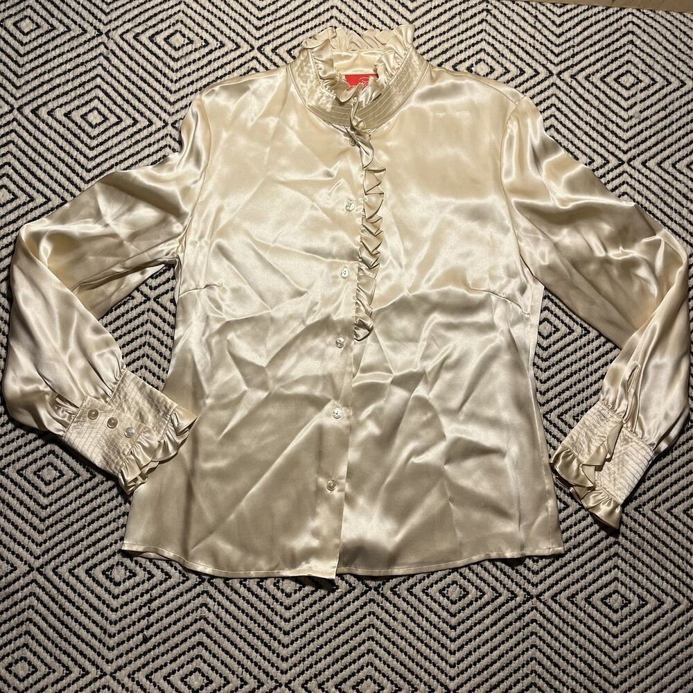 Oscar by Oscar de la Renta Vintage 100% Silk Ruffle Blouse Champagne Cream 10